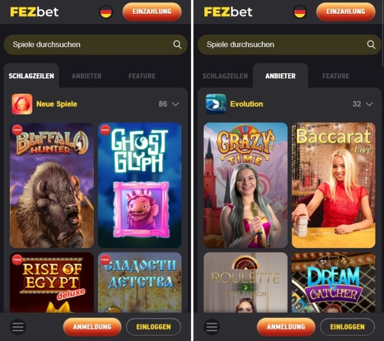 Fezbet Casino mobile Ansicht