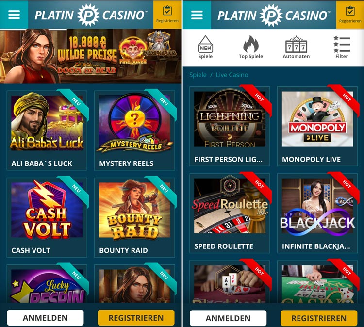 Platin Casino mobile Ansicht