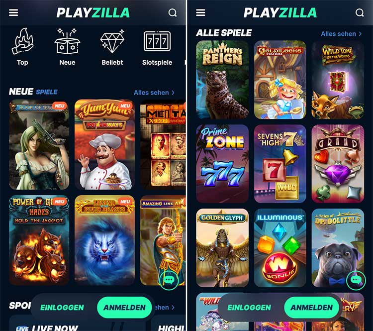 Playzilla Casino mobile Ansicht