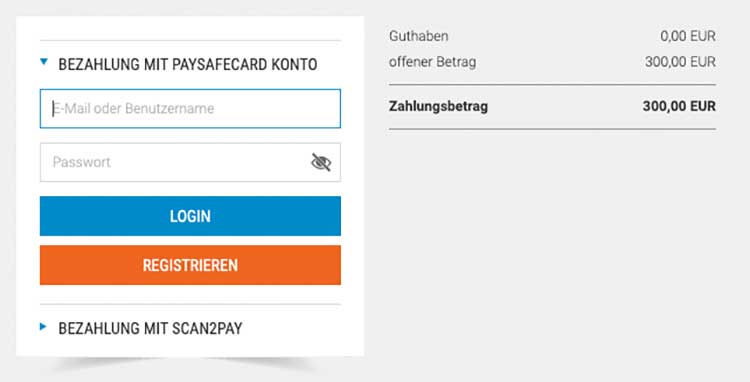 Mit Paysafe Account einloggen oder Scan2Pay zur Verifizierung nutzen.